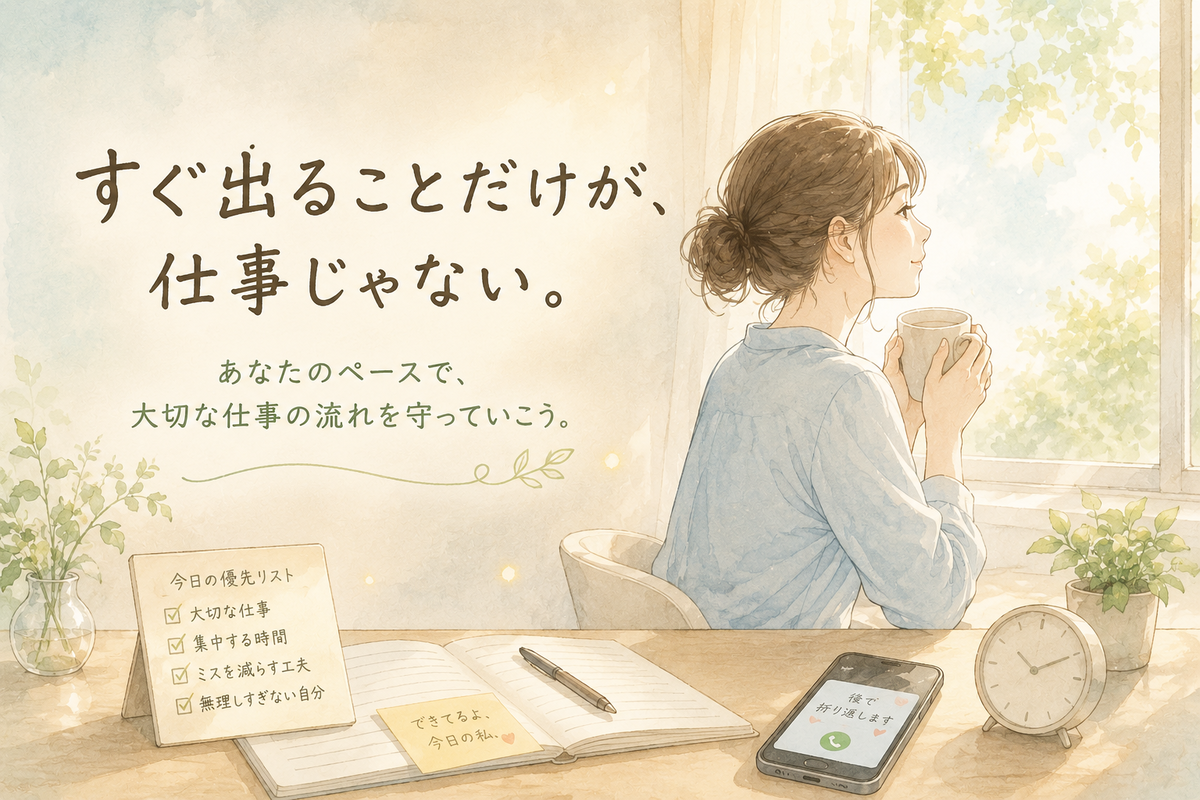 窓辺のデスクで女性が一息つきながら、電話対応よりも仕事の優先順位や集中を守ることの大切さを表す文字入りイラスト