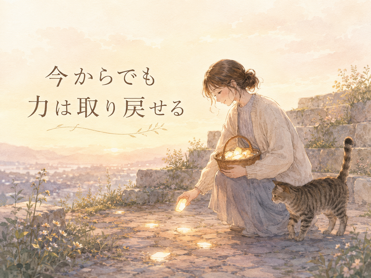 「今からでも 力は取り戻せる」という文字と、光るかけらを拾う女性と猫。自力で乗り越えられなかった後悔を、今から力に変えていく記事内イラスト。