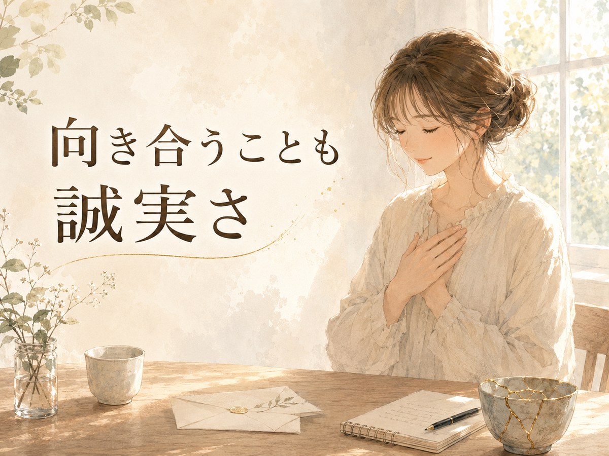 「向き合うことも 誠実さ」という文字と、胸に手を当てて静かに自分の気持ちを見つめる女性。謝罪のあとに自分のしたことと向き合う大切さを表した本文用イラスト。