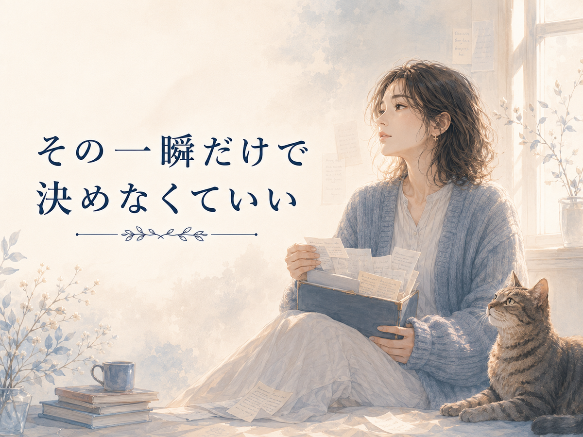「その一瞬だけで決めなくていい」という文字と、窓辺で紙片を整理する女性と猫。人間関係で最後の反応だけを見られて悪者にされる苦しさと、これまで我慢してきた時間を静かに受け止める様子を表したイラスト。