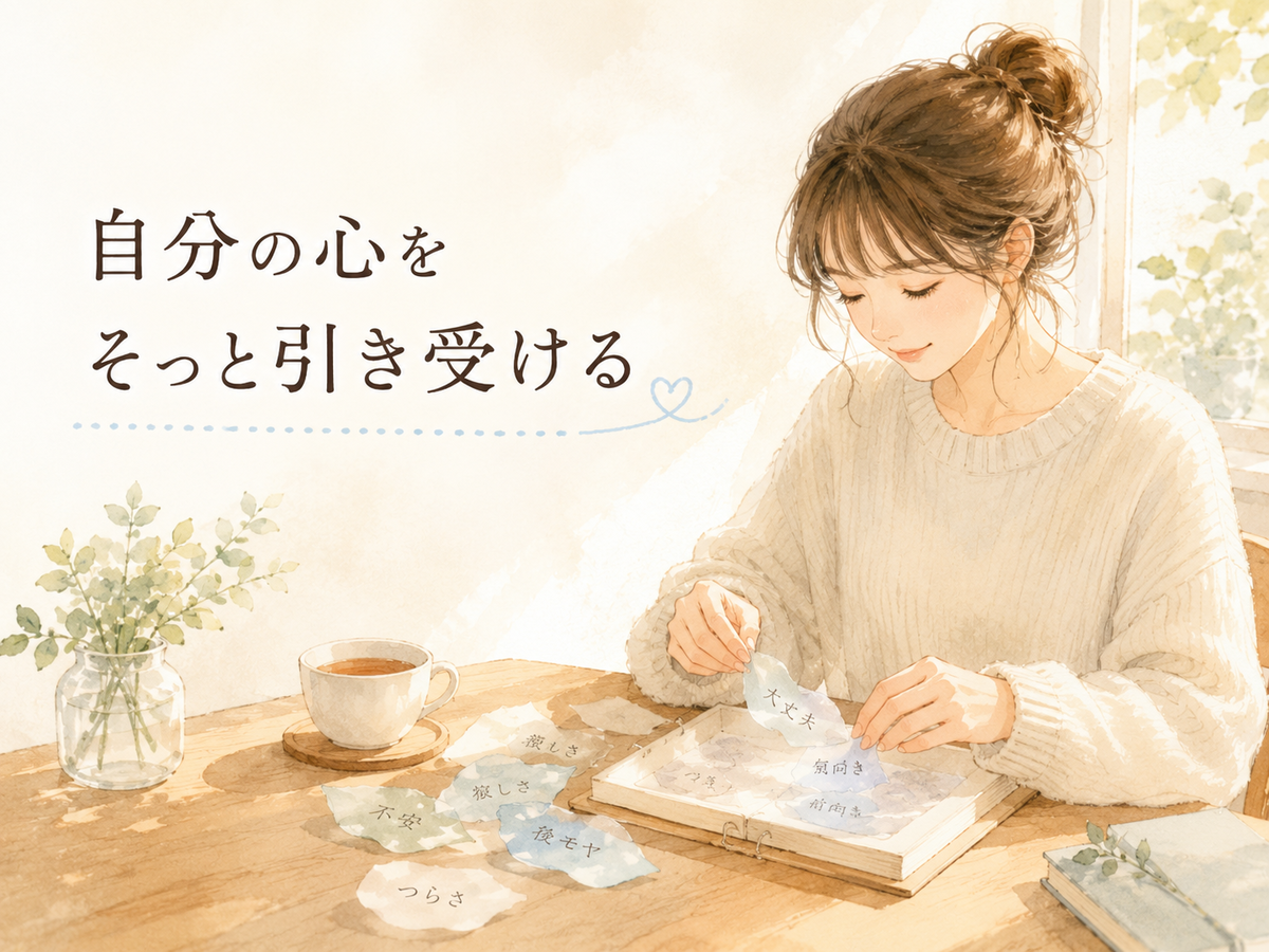 窓辺の机で女性が感情を書いた紙片を手帳に貼り、「自分の心をそっと引き受ける」という文字が入った本文イラスト