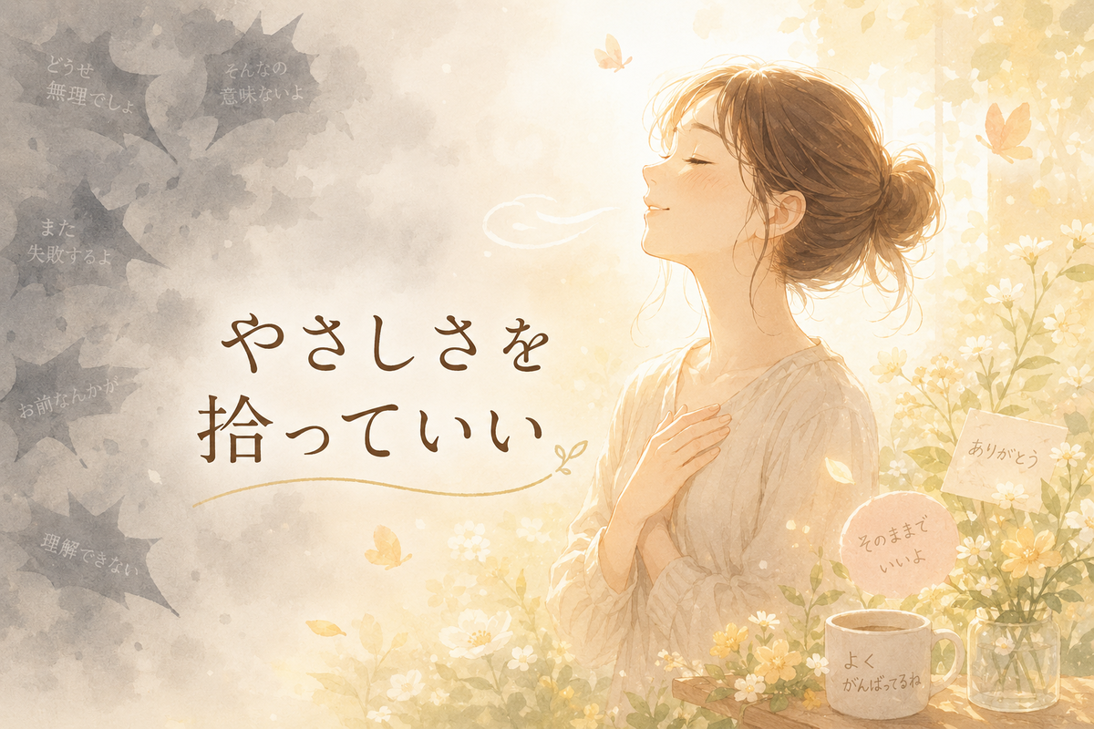 灰色の悪意の言葉から少し距離を置き、光と花に包まれた女性が「やさしさを拾っていい」という言葉とともに穏やかに息をつく、悪意に敏感な心を守り好意を受け取ることを表したイラスト