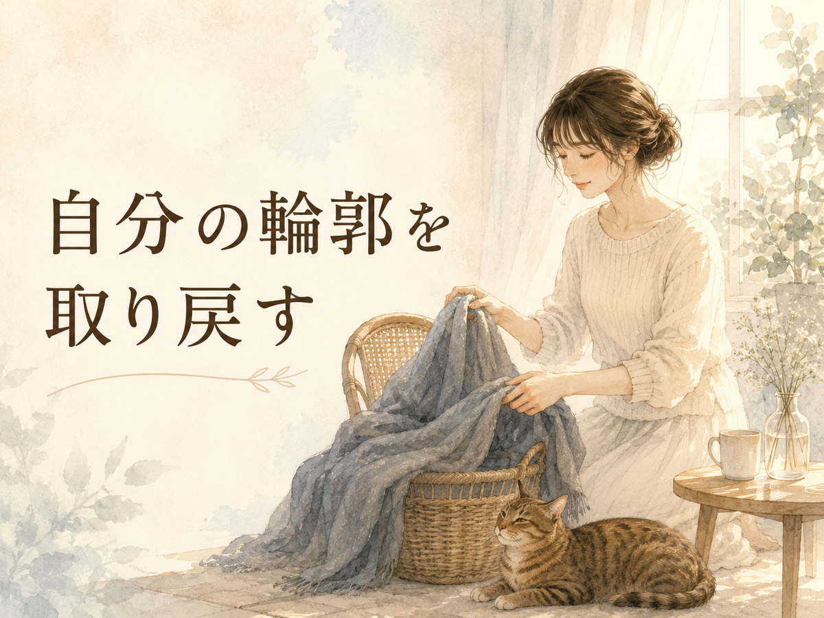 「自分の輪郭を取り戻す」の文字と、重い布をたたむ女性と猫が描かれた、都合のいい人をやめて自分の本音を取り戻すイラスト。