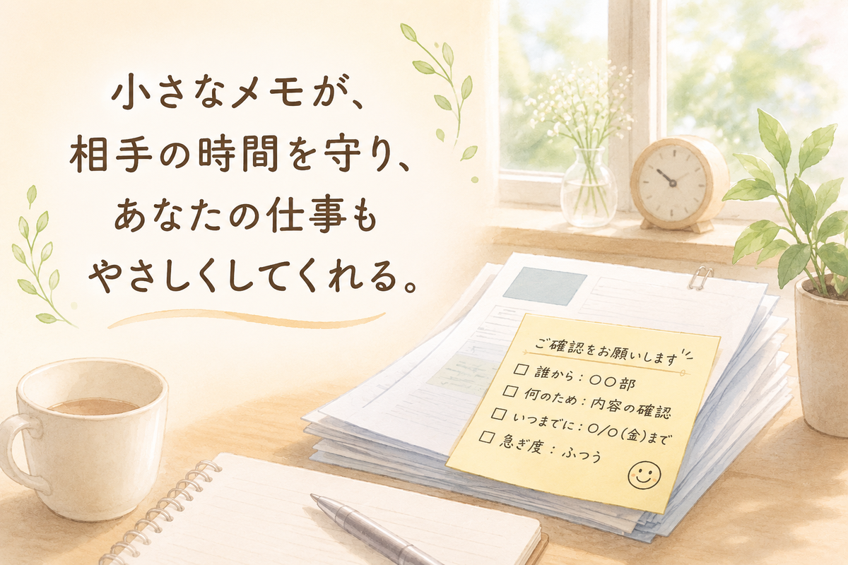 明るい窓辺の机に書類と付箋メモが置かれ、「小さなメモが、相手の時間を守り、あなたの仕事もやさしくしてくれる。」と書かれた、職場の伝言メモの大切さを表すイラスト。