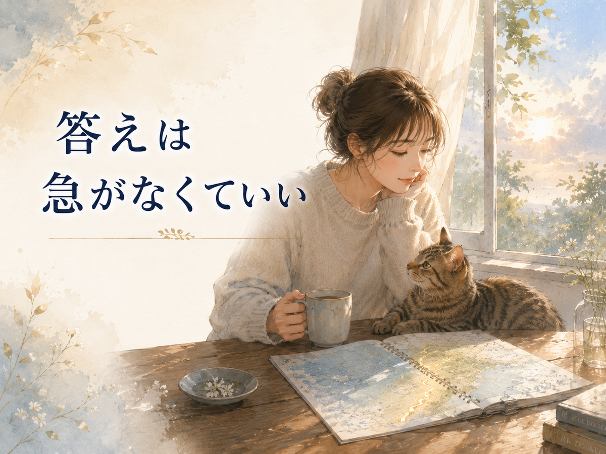 雨上がりの窓辺で女性とキジトラ猫が濡れた地図を前に静かに過ごすイラスト。「答えは急がなくていい」と書かれ、つらいときの思考転換をやさしく表している。