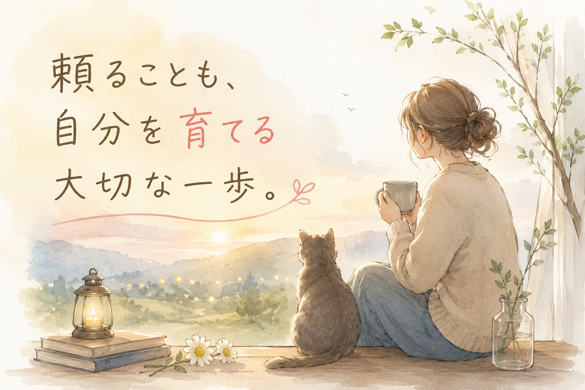 「頼ることも、自分を育てる大切な一歩。」という文字と、窓辺で猫と夕景を眺める女性が描かれた、依存と自立の間で自分の足場を育てることを表した本文イラスト。