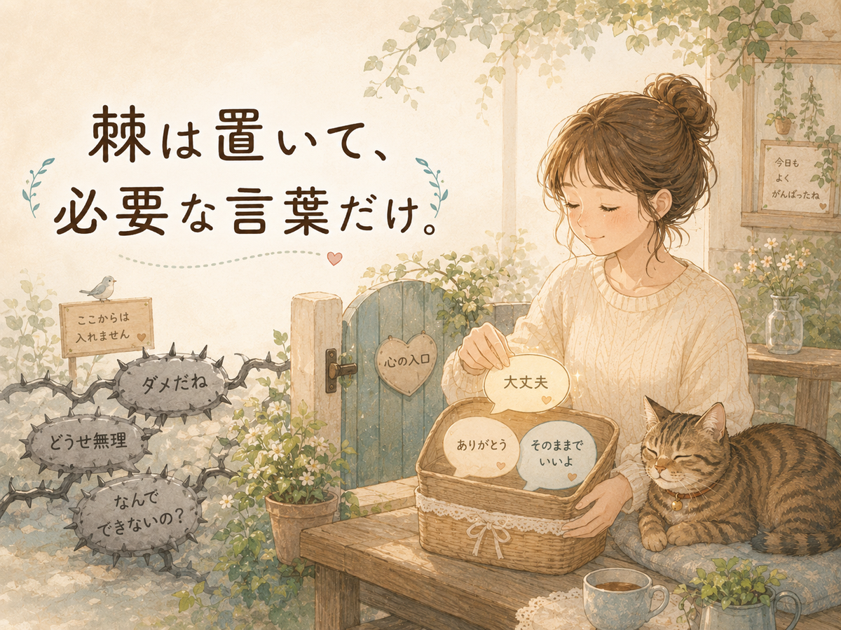 「棘は置いて、必要な言葉だけ。」の文字と、女性と猫が心の入口のそばで優しい言葉を選び、トゲのある言葉を外に置いているイラスト。