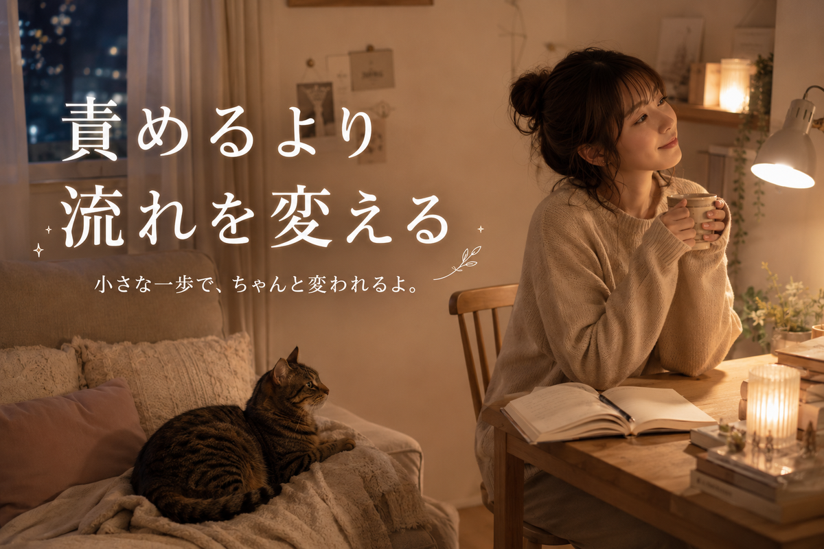 夜の部屋で机に向かいマグカップを持つ女性と、ソファでくつろぐキジトラ猫、画像内文字「責めるより 流れを変える」が描かれた本文用イラスト