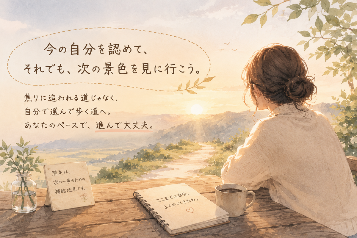 朝焼けの山道を眺める女性とノート、コーヒーが描かれたやさしい水彩イラスト。満足できない気持ちや焦りを整えながら、今の自分を認めて次へ進む記事の余韻を表している。