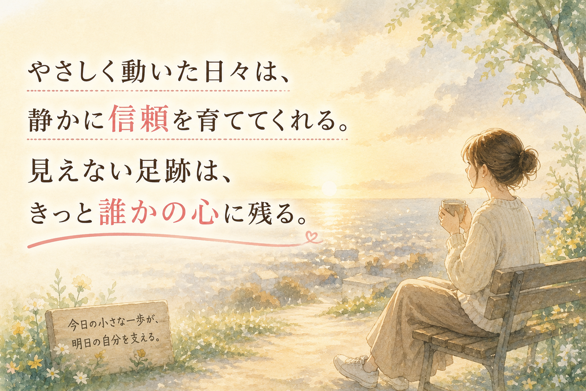 夕暮れの海を眺めながらベンチに座る女性と、「やさしく動いた日々は、静かに信頼を育ててくれる。見えない足跡は、きっと誰かの心に残る。」という文字が描かれた、人のために動く小さな行動が信頼として残ることを表した本文内イラスト。