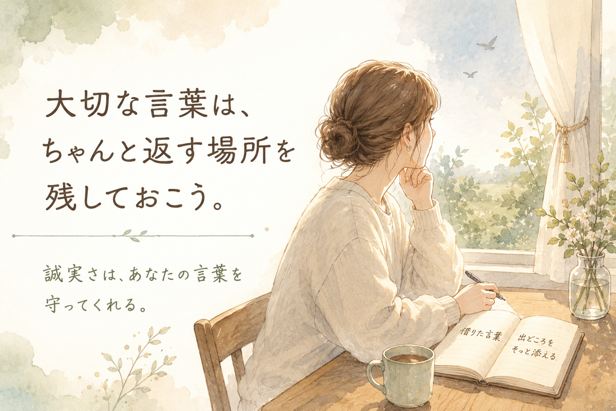 窓辺でノートに向かう女性が描かれたやさしい水彩風イラスト。「大切な言葉は、ちゃんと返す場所を残しておこう」という文字が入り、人の言葉を丁寧に扱うことの大切さを表している。