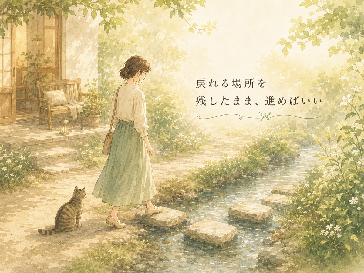 家の前から小川の飛び石へ進もうとする女性と猫のイラスト。「戻れる場所を残したまま、進めばいい」という文字が入り、変わりたいけど怖い人が小さく始める考え方を表している。