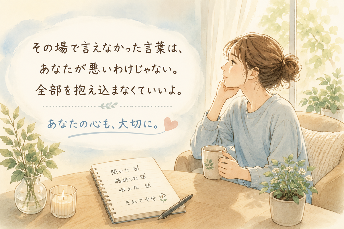 窓辺でマグカップを持つ女性とノートが描かれ、「その場で言えなかった言葉は、あなたが悪いわけじゃない。全部を抱え込まなくていいよ。あなたの心も、大切に。」という文字が入った、後から文句を言う人への疲れをやさしく整理するイラスト。
