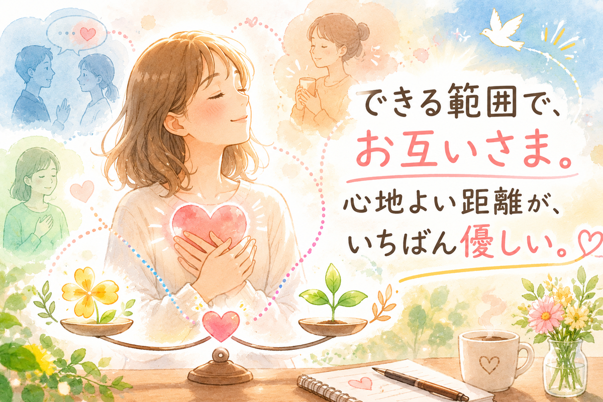 ハートを抱えた女性と「できる範囲で、お互いさま」という文字が描かれた、人間関係の距離感と境界線を表すやさしいイラスト