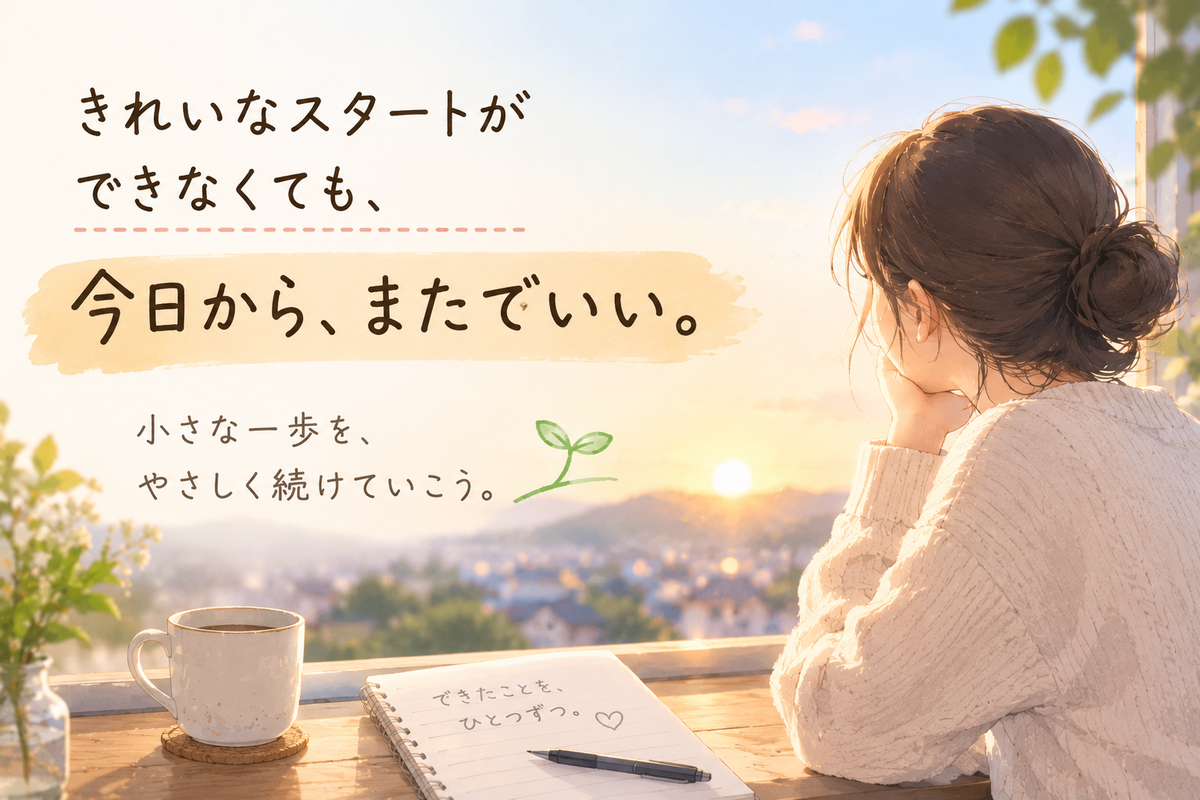 朝の光が差す窓辺で女性が外を眺めているイラスト。「きれいなスタートができなくても、今日から、またでいい。」という文字が入り、最初につまずいても小さく戻れば続けられるという記事テーマを表している。