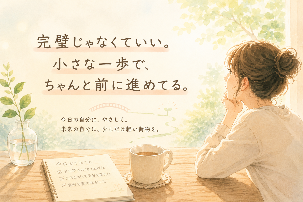 窓辺で女性が静かに外を眺め、机の上にノートとカップが置かれているやさしいイラスト。「完璧じゃなくていい。小さな一歩で、ちゃんと前に進めてる。」という文字入りで、決めた時間にやめられない自分を責めず小さく切り替える大切さを表している。