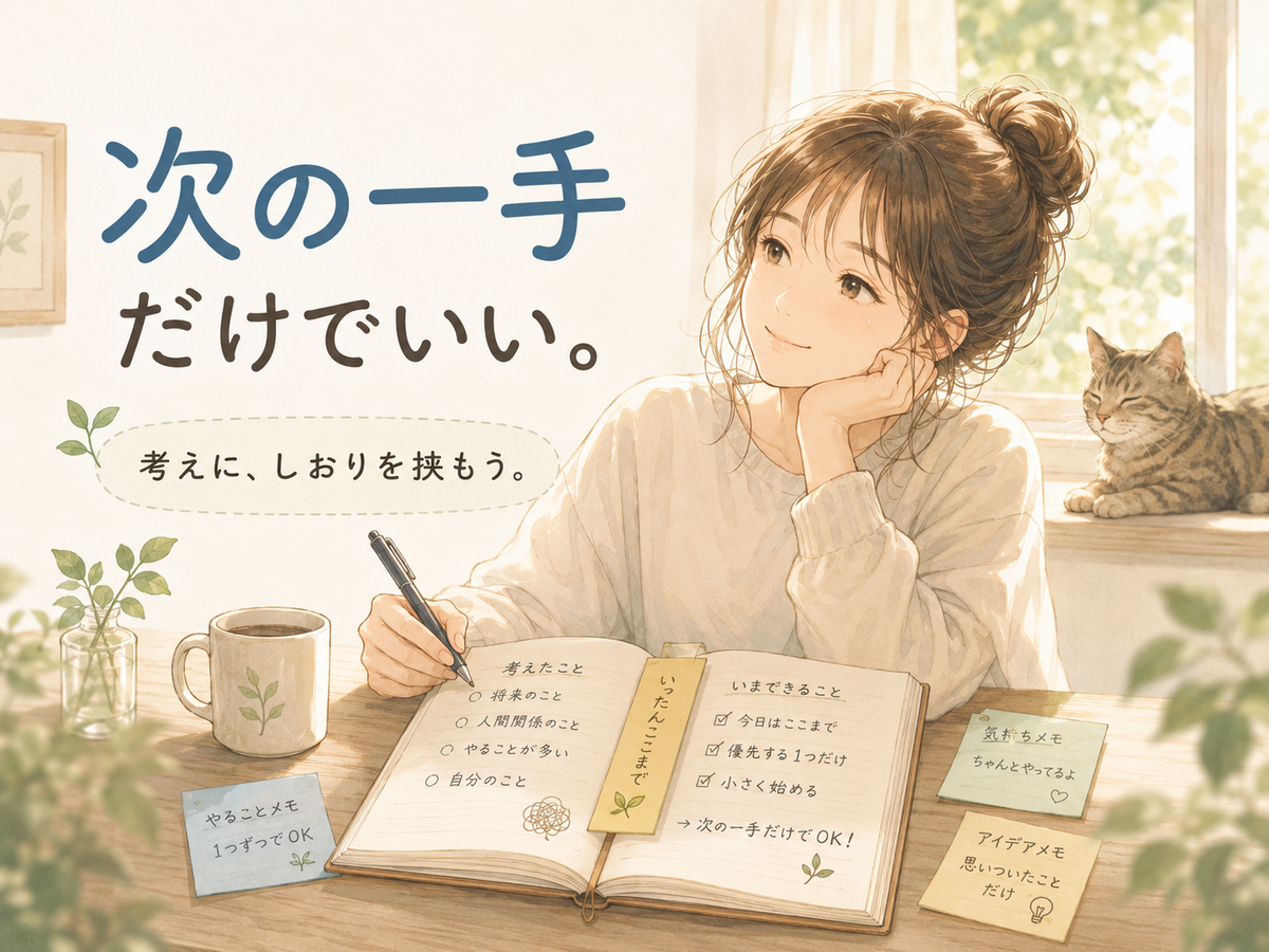 窓辺の机で女性がノートに考えを書き出し、そばで猫が休んでいるイラスト。画像内には「次の一手だけでいい。」「考えに、しおりを挟もう。」とあり、考えると眠くなるときに頭の中だけで抱えず、思考を整理する大切さを表している。
