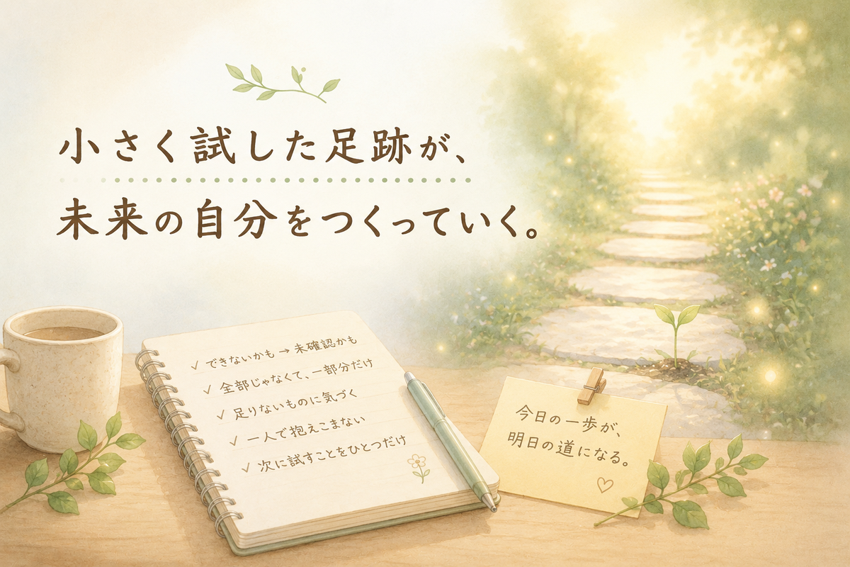 「小さく試した足跡が、未来の自分をつくっていく。」という文字と、ノート、道、若葉が描かれた本文内イラスト。できないと決めつける前に小さく試し、自分にできることを見つけていく記事の余韻を表している。