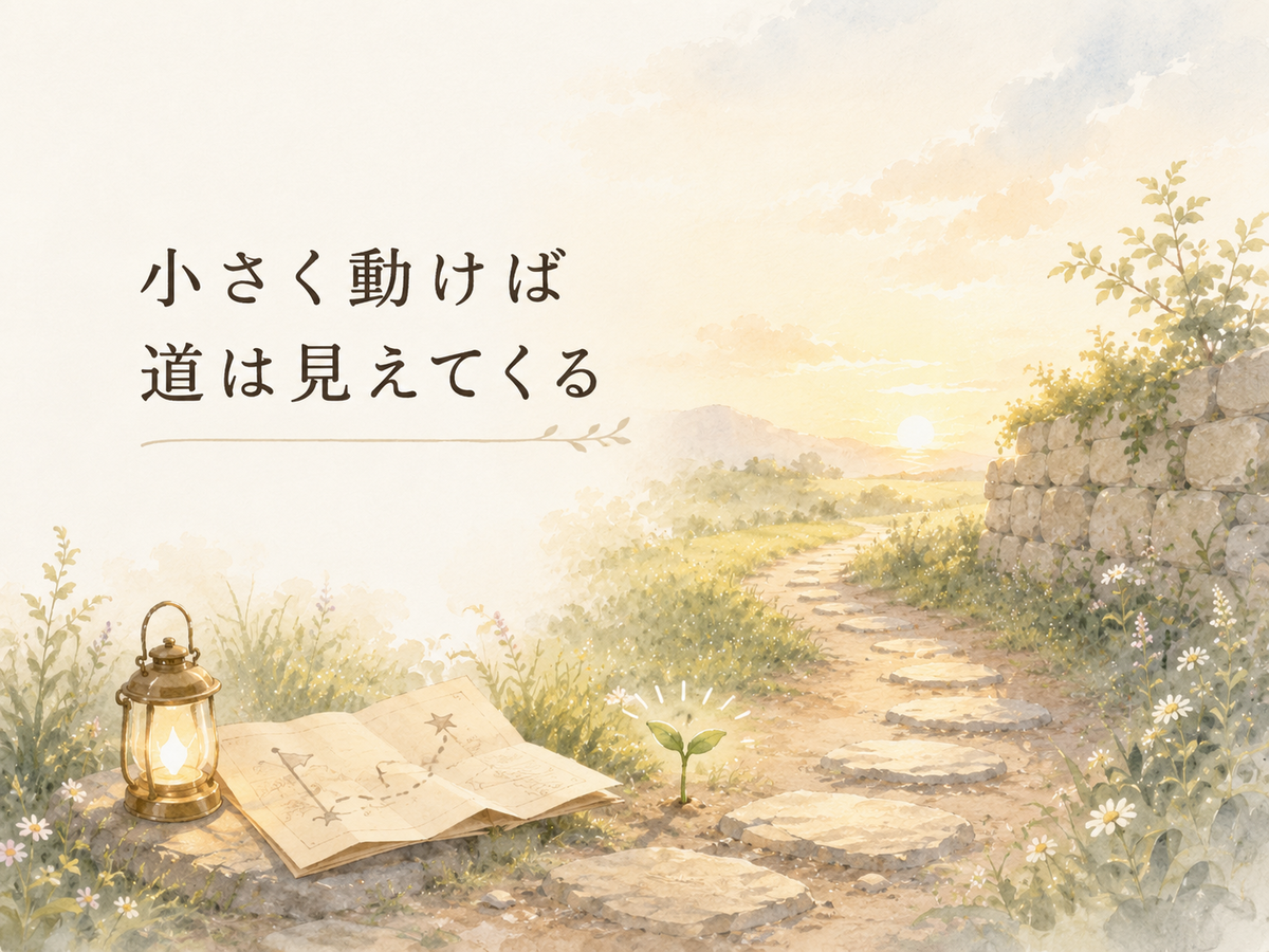 ランタンと地図、芽、石畳の道が描かれたイラスト。「小さく動けば道は見えてくる」と伝えている。