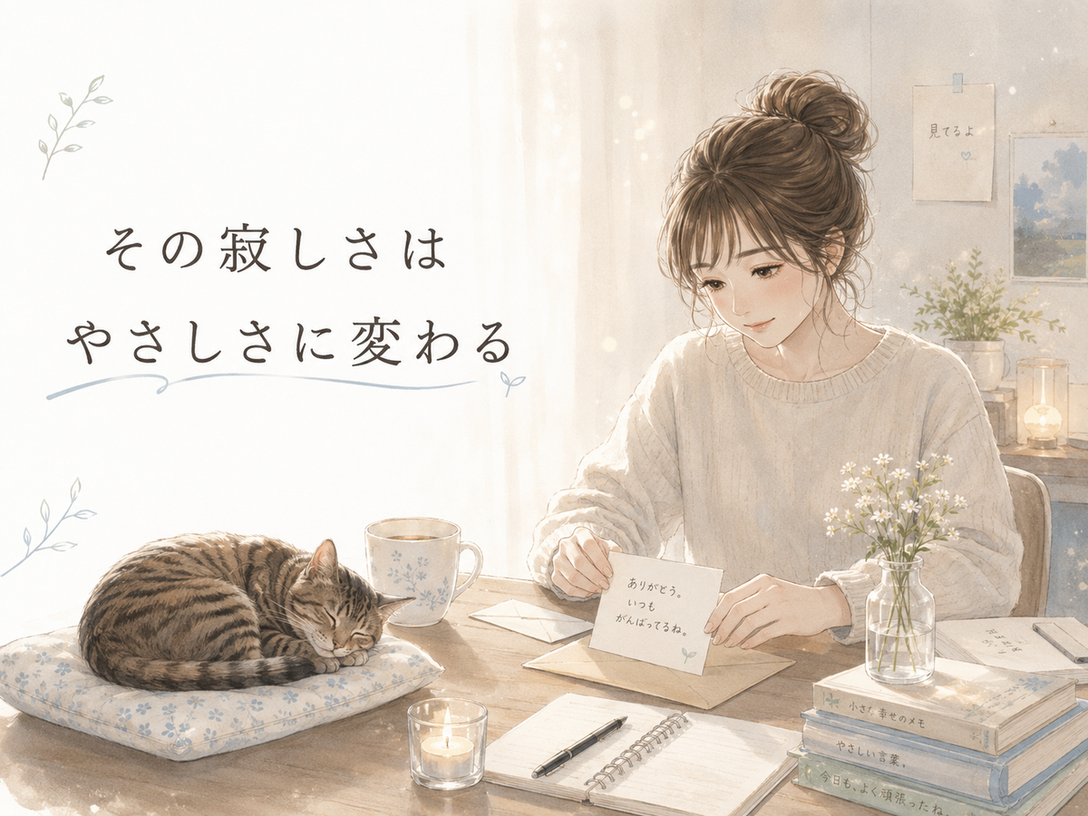 「その寂しさは やさしさに変わる」という文字と、机で感謝の手紙を書く女性、眠るキジトラ猫が描かれた、気づいてもらえない寂しさが人へのやさしさに変わることを表したイラスト