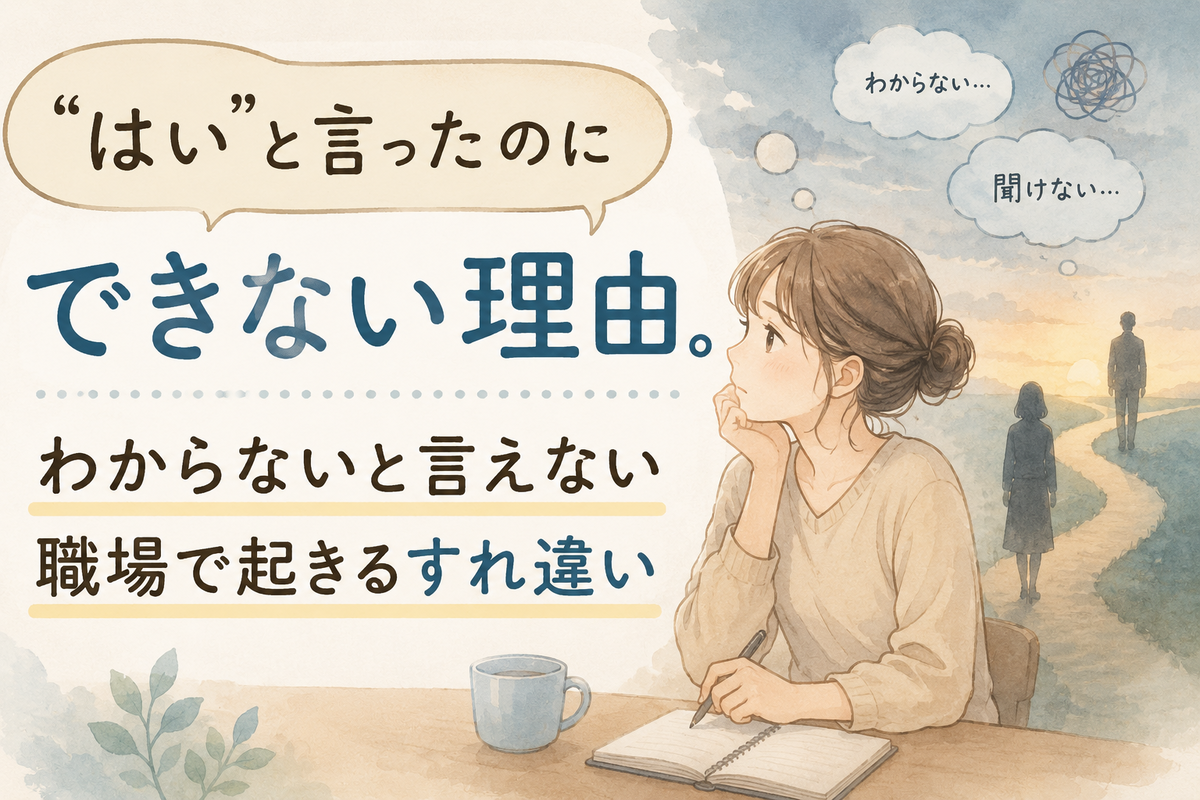 「“はい”と言ったのにできない理由。わからないと言えない職場で起きるすれ違い」という文字と、机で考える女性、分かれ道に立つ人物を描いたアイキャッチイラスト