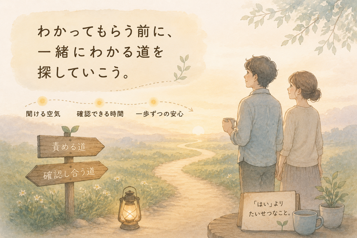 夕暮れの道を見つめる男女と、「責める道」「確認し合う道」の分かれ道が描かれたイラスト。画像内には「わかってもらう前に、一緒にわかる道を探していこう。」と書かれている。