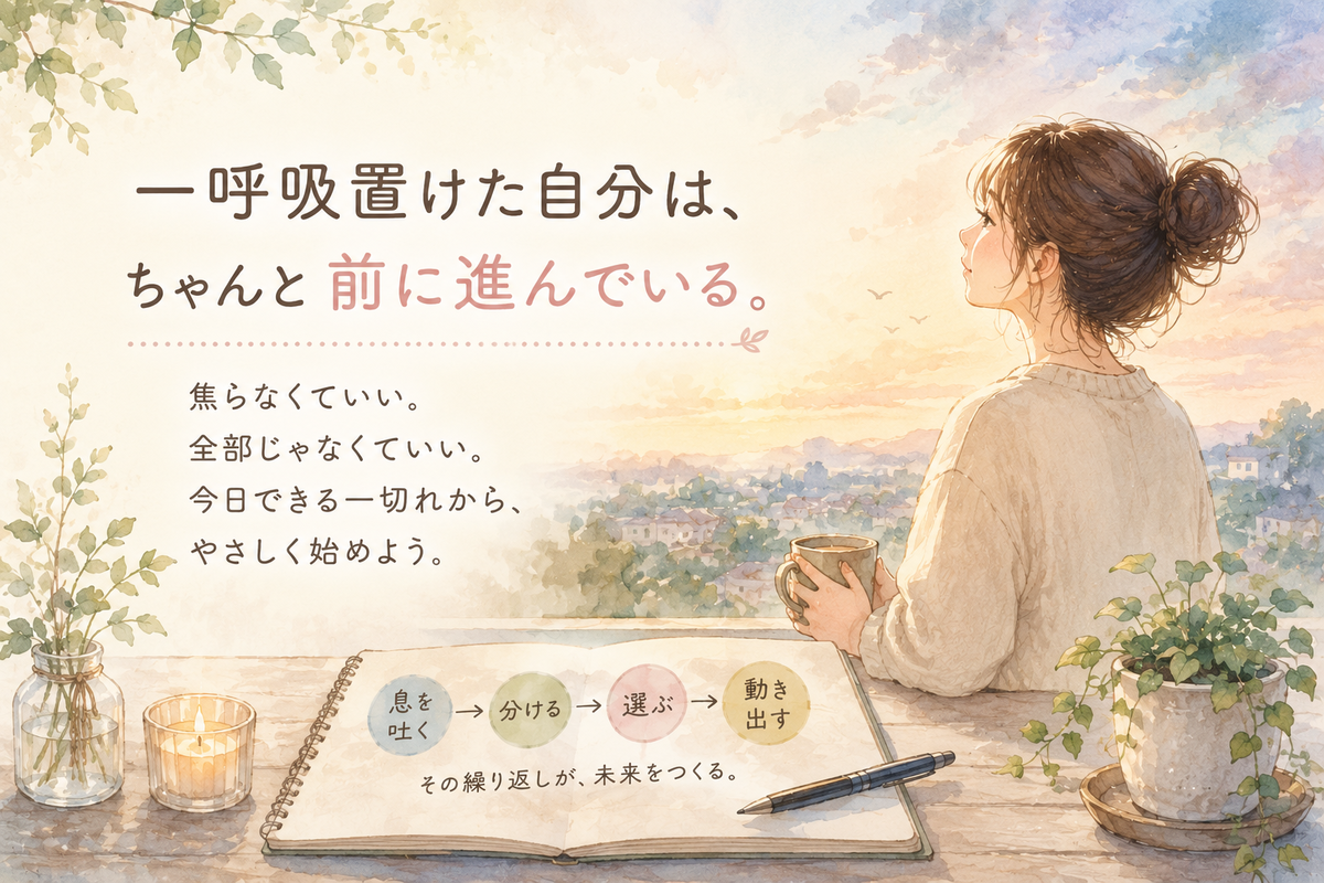窓辺で女性が景色を眺めながら一呼吸置き、ノートに「息を吐く、分ける、選ぶ、動き出す」と整理しているイラスト。大きな塊を小さく分けて行動する記事のまとめを表している。