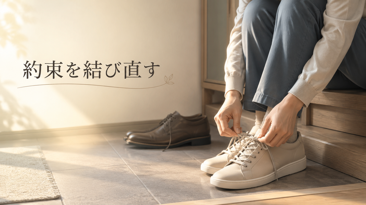 玄関で靴ひもを結ぶ人物の手元と、奥に置かれた革靴、「約束を結び直す」という文字。