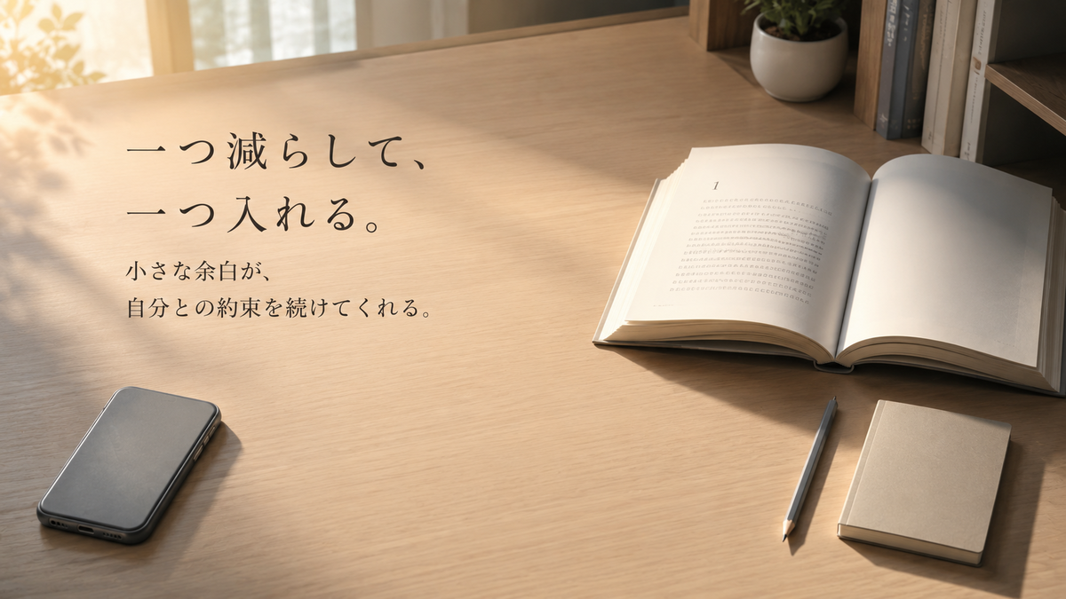 「一つ減らして、一つ入れる。小さな余白が、自分との約束を続けてくれる」という文字と、机に置かれたスマートフォン、開いた本、鉛筆、メモ帳。