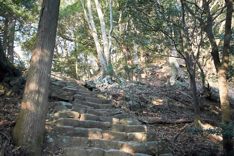 折り返しても続く男坂の急階段。