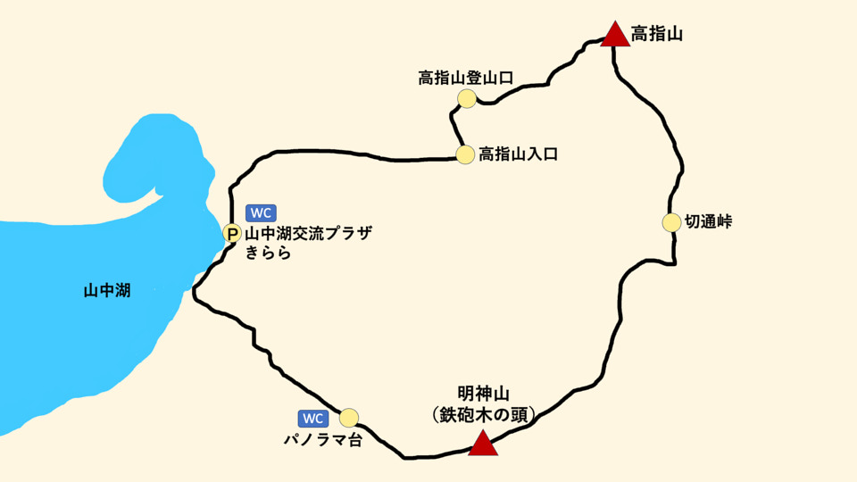 鉄砲木ノ頭（明神山）・高指山登山ルート地図。