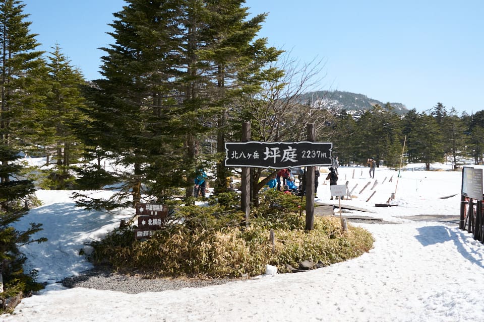 出発準備、坪庭標識のある広場