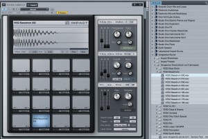 ▲Studio Oneでは、標準で4つのソフト・シンセを内蔵する。画面は筆者が最もよく使うドラム・サンプラーのImpact。4×4のパッドに、任意のサンプルをアサイン可能なほか、プリセットも多数用意されている。サンプルのアサインには、画面右のライブラリーからドラッグ&ドロップすることでも簡単に行うことができる