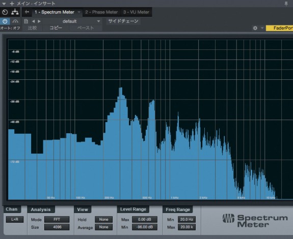 ▲オーディオ信号の周波数成分の特定に役立つSpectrum Meterを標準装備