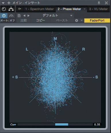 ▲ステレオ再生時の問題やモノの互換性の確認できるPhase Meter。下には相関メーターも備えている