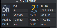 ▲マスタリング作業を行うプロジェクト・ページでは、トラックのラウドネスを検知できるラウドネス情報も確認可能。ここでは、ダイナミック・レンジ、R128ラウドネス、左右チャンネルのピーク、RMS、DCレベルが測定され、数値が表示される