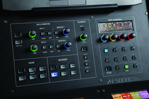 ▲M-5000Cのアサイナブルなユーザー・パネル(右)にはステージ上のモニターへの返しなどをアサインし、ボタン1つでミュートできるようになっている。その右にはトークバック・マイクが内蔵されており、本体だけでステージ上の演者とコミュニケーションを取ることも可能