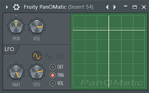 ▲Fruity PanOmaticは、画面右側にあるX/Yパッドのようなエリアをドラッグすることで、パンやボリュームをコントロールできるプラグイン。左下のLFOでパンとボリュームにモジュレーションをかけることも可能