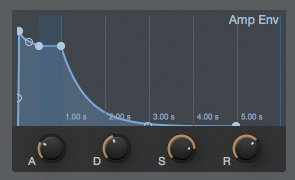 ▲グラフィカルに表示されるMai Taiのアンプ・エンベロープ。ここで作る音色での設定は好みに合わせて良い。画面ではアタックは49.8ms、ディケイ442ms、サステイン−1.5dB、リリースは3.99sに設定している