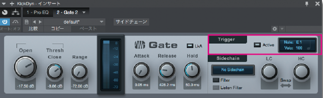 ▲キックのダイナミック・マイクにかけたGate。ナチュラルなかかり具合や、音源をトリガーするためのMIDI信号出力機能が特徴(赤枠)。これを使用すれば、Gateを挿した生ドラムの音に合わせてソフト・サンプラーなどのサウンドをトリガーすることが可能
