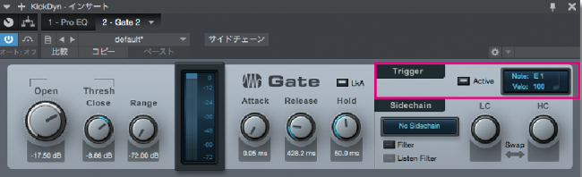 ▲キックのダイナミック・マイクにかけたGate。ナチュラルなかかり具合や、音源をトリガーするためのMIDI信号出力機能が特徴（赤枠）。これを使用すれば、Gateを挿した生ドラムの音に合わせてソフト・サンプラーなどのサウンドをトリガーすることが可能