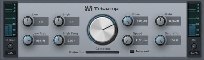 ▲S1のArtistグレード以上に標準搭載されている３バンドのコンプ、Tricomp。中央の大きなノブでコンプレッションの深さをコントロールできる。筆者はS1に取り込んだレコードの音に使う場合、右下のMixノブ（ドライ／ウェット・バランス）を３〜10％にすることが多い