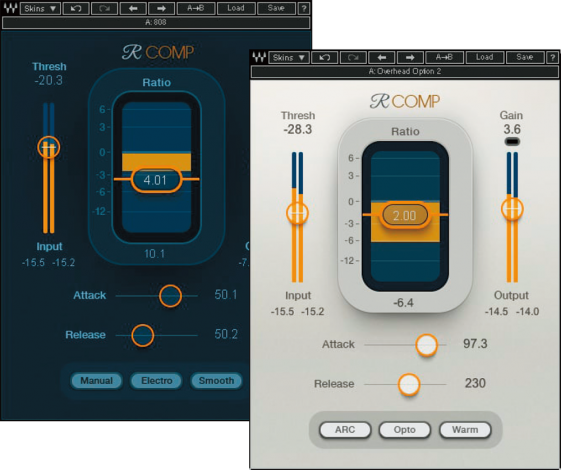 ▲Renaissance Compressor。Opto/Electro、Smooth/Warmの切り替えでさまざまな特性が得られるコンプレッサー。最新のVer. 11ではDark/Lightという新しいスキンも採用し、スタイリッシュなユーザー・インターフェースとなった(従来の画面もLegacyとして表示可能)