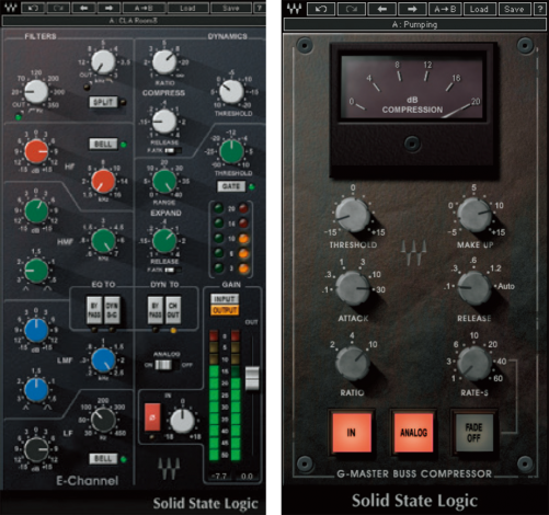 ▲SSL 4000 Collection。SSL SL4000E/Gシリーズのチャンネル・ストリップやバス・コンプなどを再現したプラグイン4種を収録。このバンドルとAbbey Road Collectionは最上位バンドルMercuryにも含まれていないが、プロの必携ツールとして人気