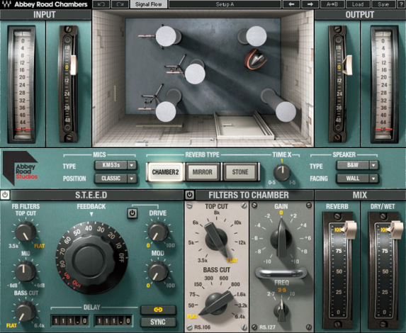 ▲Abbey Road Chambers。ビートルズが愛したアビイ・ロード2stのエコー・チェンバーに加え、同スタジオのミラー・ルーム、オリンピック・スタジオのストーン・ルームの響きを再現。収録マイクや再生スピーカーの種類と位置も選択可能。コンソールやセンド段のテープ・ディレイなどもモデリングしている