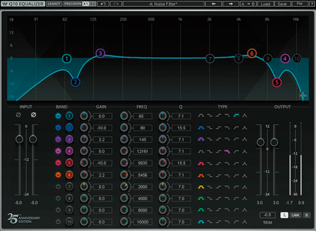 ▲Q10 Equalizer。WAVES最初のプラグインは、フルパラメトリック10バンドのEQ。2017年にリリース25周年を記念しAudioTrack、L1 Ultramaximizerとともに画面デザインを一新した(旧デザインでも使用可能)。この3つのプラグインは同時に64ビット精度となり、32ビット浮動小数処理にも対応するアップデートも実現