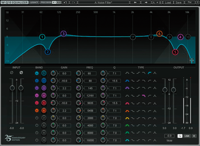 ▲Q10 Equalizer。WAVES最初のプラグインは、フルパラメトリック10バンドのEQ。2017年にリリース25周年を記念しAudioTrack、L1 Ultramaximizerとともに画面デザインを一新した（旧デザインでも使用可能）。この３つのプラグインは同時に64ビット精度となり、32ビット浮動小数処理にも対応するアップデートも実現