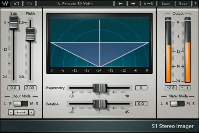 ▲S1 Stereo Imager。実はQ10よりも先に開発が進められたが、当時のプロセッサーの処理能力や、ユーザーのなじみの深さを優先したために４番目のリリースとなったステレオ・イメージャー。近年では左右のスピーカー外に定位するような音が求められるケースが多く、ふたたび注目を集めている。左右の広さを保ったままステレオ・パンニングも可能