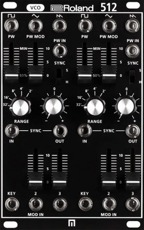 ▲512 Modular VCO。独立した2基のオシレーターで構成されている。矩形波、三角波、ノコギリ波の3種類を搭載