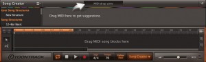 ▲画面④ “Song Creator”のインターフェース。上の“Drag MIDI here to get suggestions”と記されたウィンドウに好みのMIDIフレーズをドロップすると、それに合ったIntro/Chorusなどパート別のMIDIフレーズを数パターンずつ表示。それらを選択して下のSong Trackウィンドウに並べていくことで、流れのあるリズム構成を手軽に組める